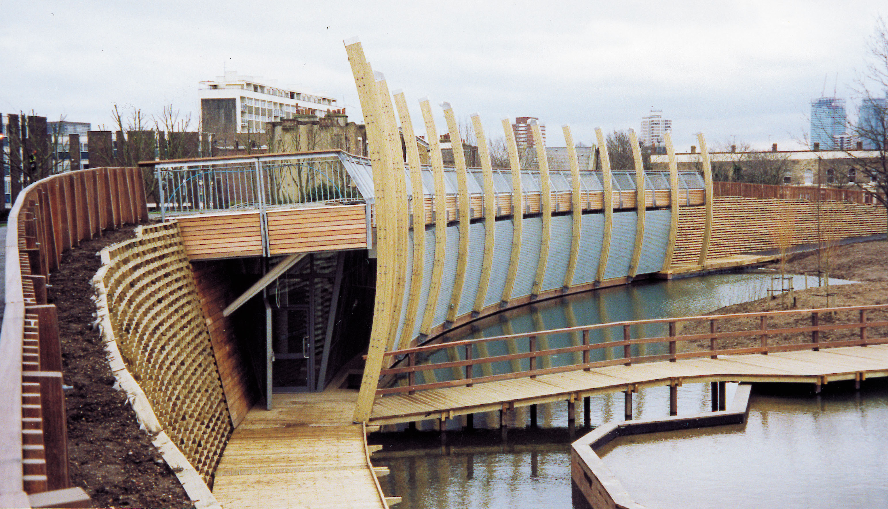Mile End Park; Ecology building and timberwork